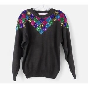 VTG AMILANO Sequin Sweater: Beaded, Shoulder Pads, Cocktail Party Style Size M